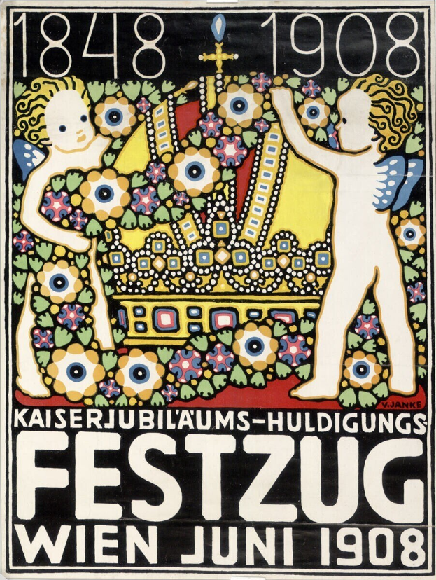 Plakat für ein Wiener Festival mit einem Gemälde von einem Jungen und einem Mädchen, die eng nebeneinanderstehen und sich umarmen, begleitet von Text.