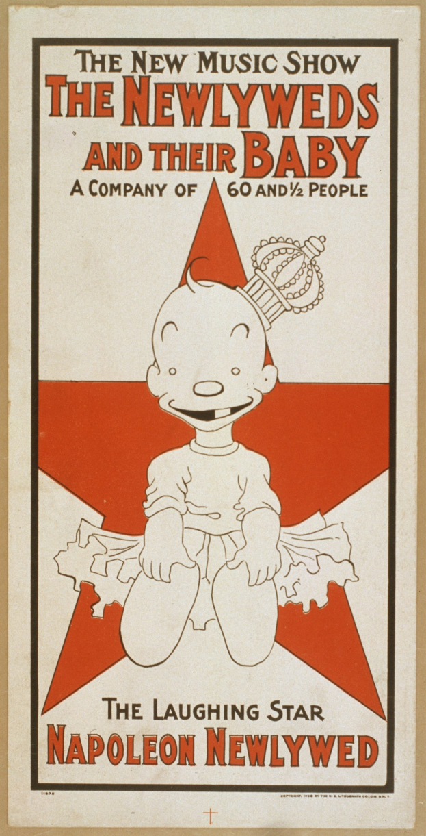 Plakat für "The New Music Show: The Newlyweds and Their Baby" mit einer Cartoon-Baby in einem weißen Strampler mit pinker Schleife, das gegen einen hellblauen Hintergrund mit verstreuten Sternen und fetter schwarzer Schrift lächelt.