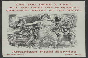 Ein Plakat mit schwarzem Hintergrund, auf dem eine Frau und ein Mann zu sehen sind, mit der Aufschrift "Kannst du Auto fahren? Wirst du eines in Frankreich fahren? Sofortiger Dienst an der Front"