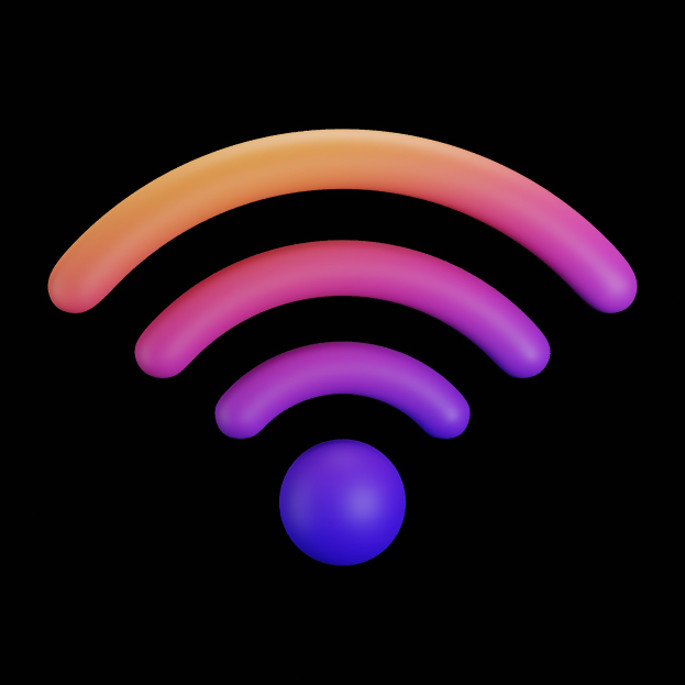 Farbenfrohes WLAN-Symbol mit einem violetten Kreis in der Mitte auf einem weißen Hintergrund.