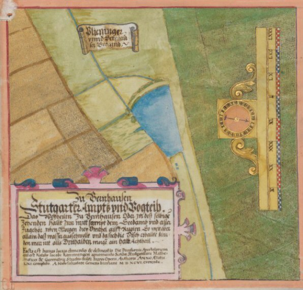 Beleuchtete Handschriftkarte von Stuttgart, Deutschland, zeigt Straßen, Gebäude und Sehenswürdigkeiten mit begleitendem beschreibendem Text.