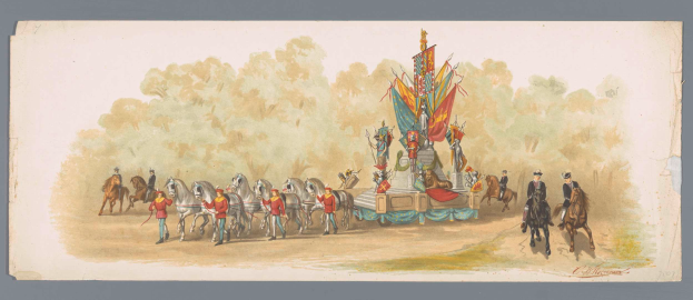 Ein Gemälde eines Karnevalsumzugs mit Menschen in bunten Kostümen, die auf Pferden vor einem geschmückten Festwagen reiten, unter einem klaren blauen Himmel mit Bäumen im Hintergrund.