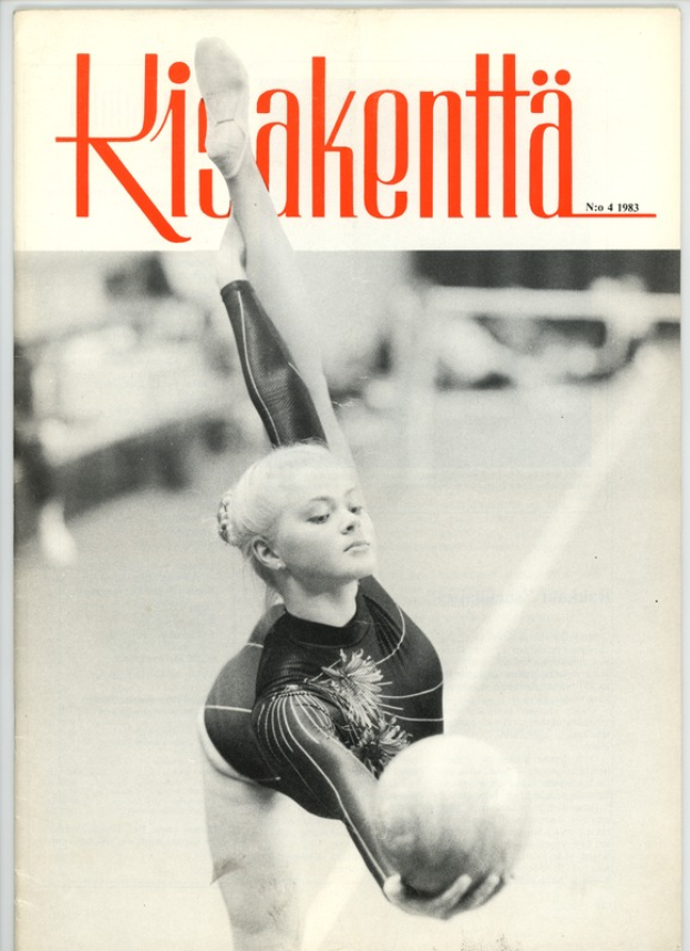 Ein Schwarz-Weiß-Foto einer Frau in einem Einteiler, die Gymnastik auf dem Cover einer Zeitschrift macht, mit ausgestreckten Armen und gebogenen Beinen und dem Zeitschriftennamen in fetten weißen Buchstaben oben.