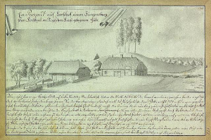 Ein altes Dokument, das ein Farmhaus inmitten eines Feldes zeigt, umgeben von Häusern, Bäumen und einem Himmel, mit der Aufschrift "Surgensburg, Deutschland - Landschaft einer Farm".