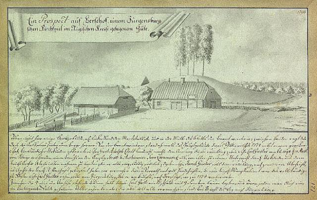 Ein altes Dokument, das ein Farmhaus inmitten eines Feldes zeigt, umgeben von Häusern, Bäumen und einem Himmel, mit der Aufschrift "Surgensburg, Deutschland - Landschaft einer Farm".