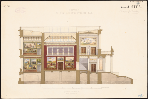Ein detailliertes Bild eines Opernhauses von außen, geschmückt mit Fenstern, Türen, Säulen und farbenfrohen Gemälden, die Innenansichten zeigen, mit begleitendem Text, der historische Informationen bietet.