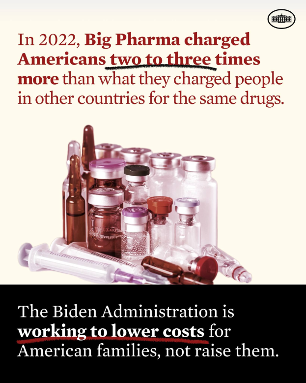 Plakat, das zeigt, dass Big Pharma 2022 Americans zwei bis drei Mal so viel für dieselben Medikamente berechnet hat wie in anderen Ländern, mit Bildern von Medikamentenflaschen und einer Spritze darunter.