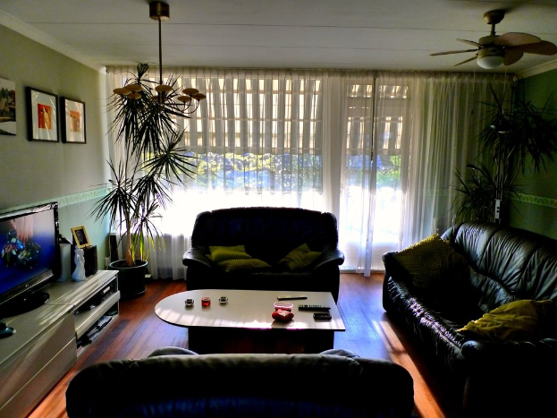 Ein Wohnzimmer mit drei Sofas, die um einen Tisch herum angeordnet sind, ein Fernseher an der linken Wand mit Fotos, zwei Pflanzen nahe dem Fenster mit weißen Vorhängen und ein Deckenventilator und eine Lampe.