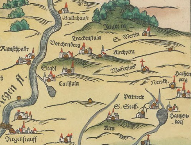 Alte Karte von Köln, Deutschland, mit üppigen grünen Bäumen, kleinen gemütlichen Häusern und dekorativem Text.