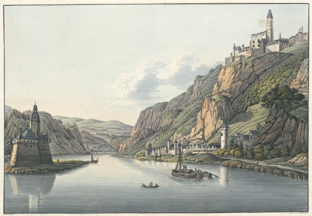 Ein Gemälde, das einen Fluss mit Booten zeigt, umgeben von Hügeln, Bäumen, Gebäuden und einem bewölkten Himmel, mit der Aufschrift "Schloss Karlsruhe in Deutschland" unten.