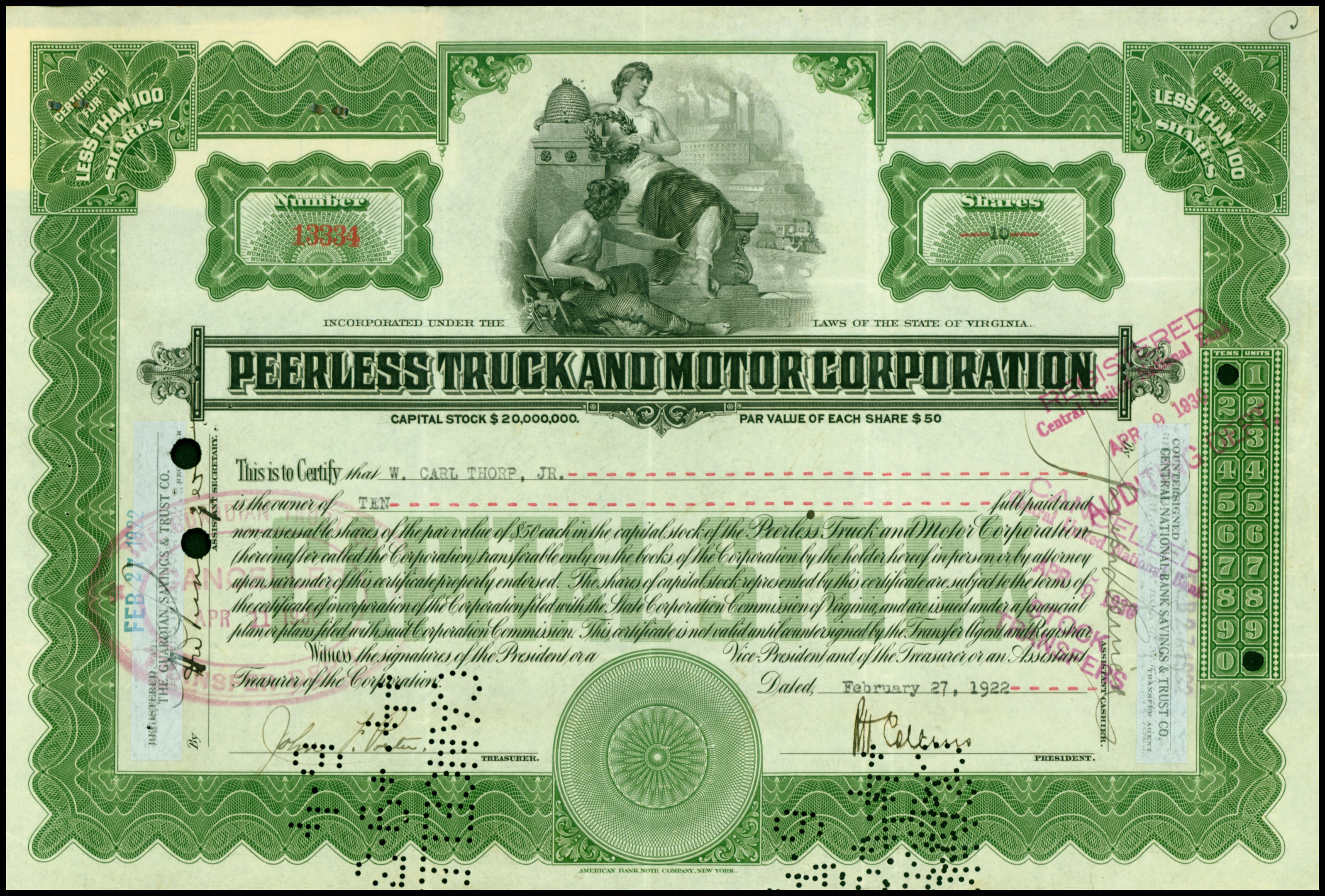 Aktienzertifikat der Peerless Truck & Motor Corporation auf schwarzem Hintergrund mit einem Bild von zwei Personen und Text.