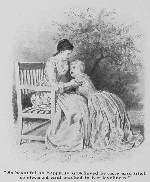 Eine Frau und ein Kind sitzen auf einer Bank unter einem Baum, mit Text unten, der lautet: "So schön, so glücklich, so ungetrübt von Sorge und Leid, so erhöht und erhoben in ihrer Schönheit."