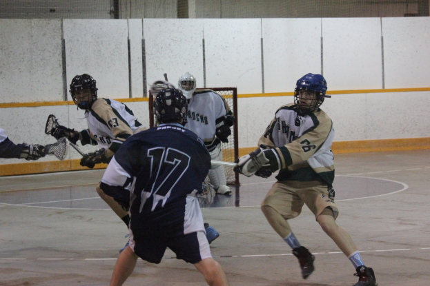 Menschen mit Helmen und Stöcken scheinen in einem umschlossenen Raum mit einem Netz im Hintergrund und einem Boden darunter zu kämpfen.