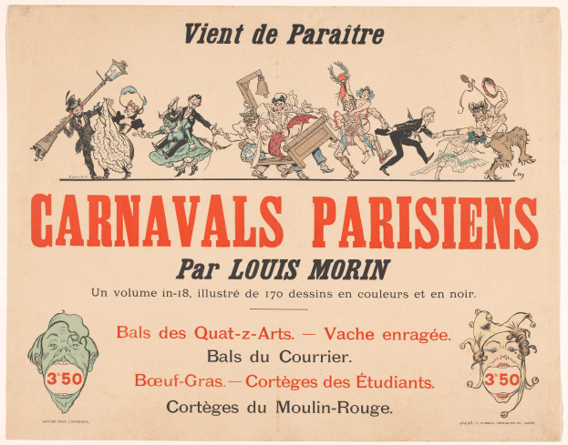 Ein Blatt mit der Überschrift "Carnivals Parisiens par Louis Morin" in fetter Schrift, das farbenfrohe, detaillierte Entwürfe von Menschen in bunten Kostümen und Masken auf einer lebendigen Karnevals Szenerie zeigt.