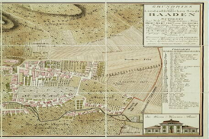 Ein detailliertes altes Stadtplan von Baden-Württemberg, Deutschland, das Straßen, Gebäude und Sehenswürdigkeiten zeigt, mit einem Gebäude in der unteren rechten Ecke und Text, der Stadtinformationen bereitstellt.