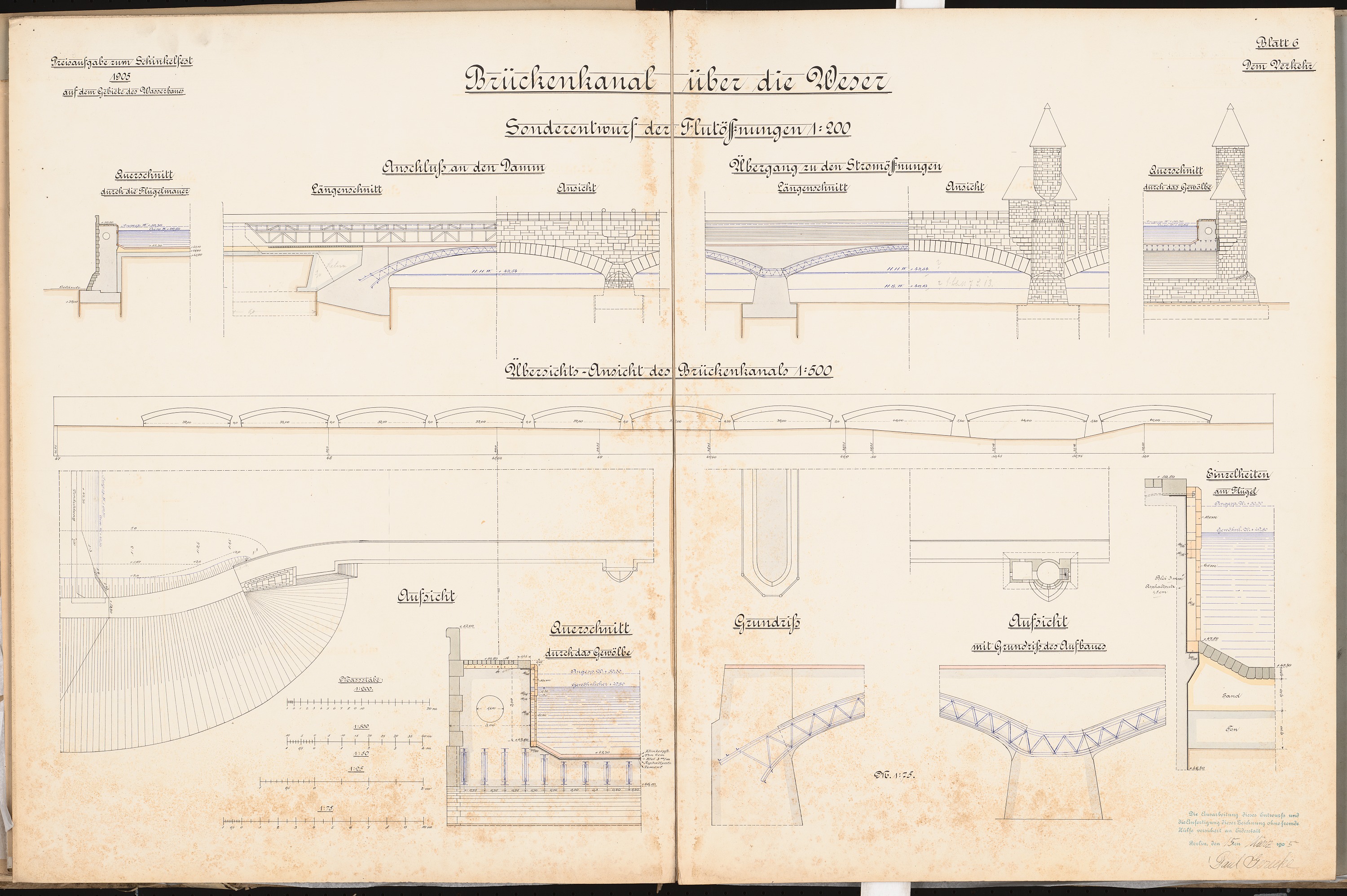 Ein aufgeschlagenes Buch mit einer Brücke-Zeichnung auf schwarzem Hintergrund, das detaillierte Pläne und Text zur Brücke enthält.