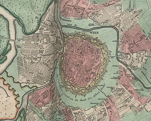 Ein altes Stadtplan von Wien, Deutschland, mit detaillierten Straßen, Gebäuden und Sehenswürdigkeiten.