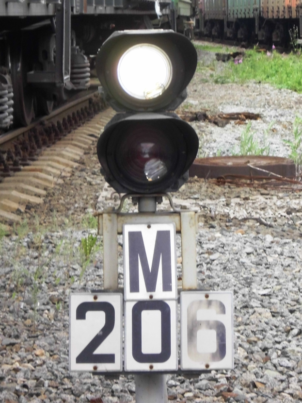 Ein Bahnübergangssignal auf einem Pfahl mit einem Zug auf den Schienen im Hintergrund, umgeben von Steinen und Gras.