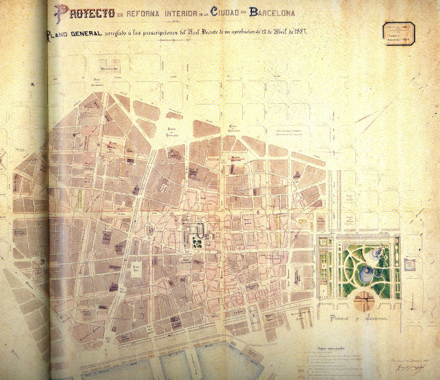 Ein altes Buch mit einer detaillierten Karte von Barcelona, das Straßen, Gebäude und Sehenswürdigkeiten zeigt, mit begleitendem Text, der zusätzliche Informationen bietet.