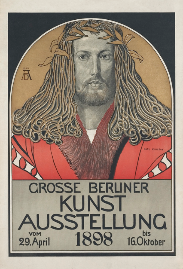 Ein Plakat für die Berliner Kunstausstellung im Jahr 1898, das eine Person mit einem menschlichen Gesicht und Text über das Ereignis zeigt.