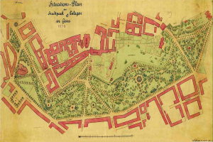 Ein detailliertes altes Stadtplan von Stuttgart, Deutschland, mit einem grünen Rand, der Gebäude, Straßen und andere Merkmale sowie Text zeigt, der Informationen zur Bevölkerung, Lage und Geschichte der Stadt enthält.