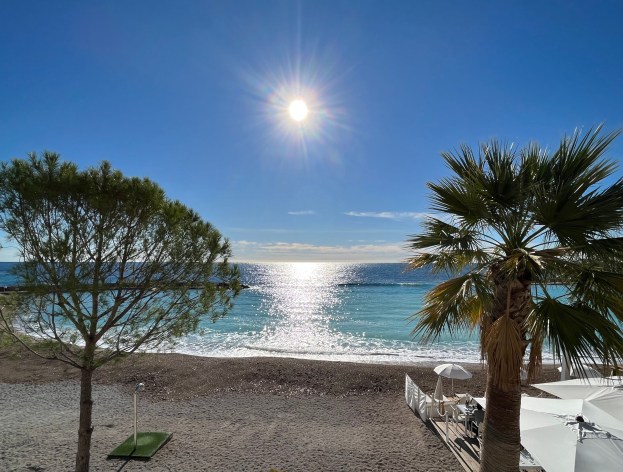 Ein sonniger Strand mit Palmen, Sonnenschirmen und üppiger Vegetation, vor einem hellblauen Himmel mit der Sonne im Hintergrund, ideal für eine Ferienwohnung an der französischen Riviera.