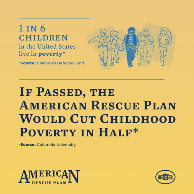 Ein Plakat, das für den American Rescue Plan wirbt, um die Kinderarmut zu reduzieren, mit einer Gruppe von Menschen darauf.