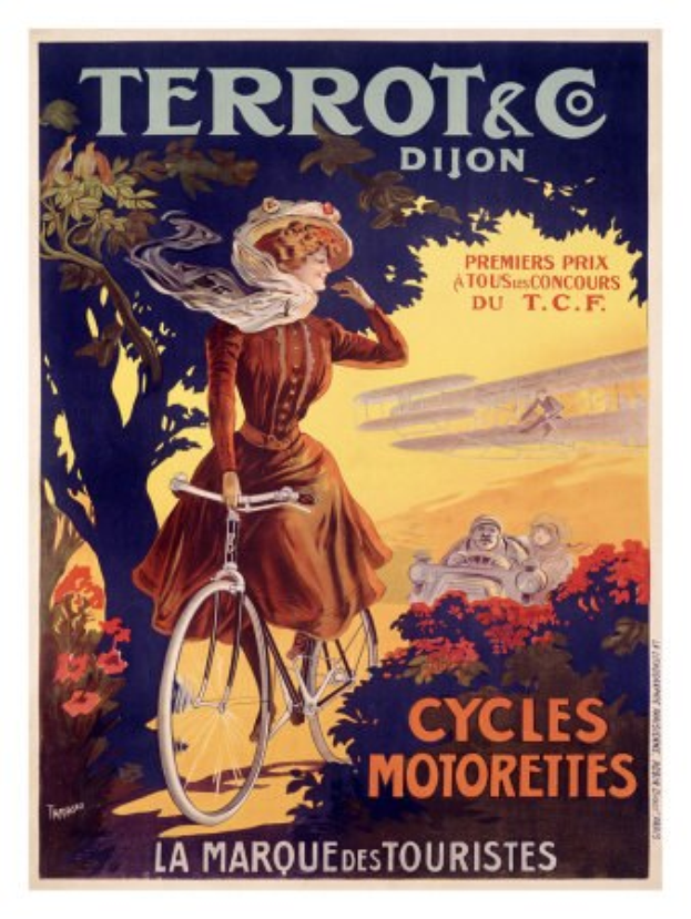 Ein Plakat, das eine Radtour in Frankreich ankündigt und eine Frau zeigt, die ein Fahrrad durch eine Landschaft mit Bäumen, Blumen und anderen Menschen fährt, mit Texten, die die Tour beschreiben.