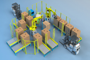 Eine Gruppe automatisierter Roboter arbeitet an Förderbändern in einem Lager, umgeben von Kartons und Fahrzeugen auf dem Boden.