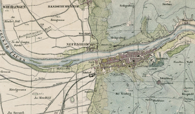 Ein alter detaillierter Stadtplan von Neuenheim, Deutschland, mit Straßen, Gebäuden und einem Fluss, sowie Texten zur Informationsbereitstellung über die Stadtgröße, den Standort und die Geschichte.