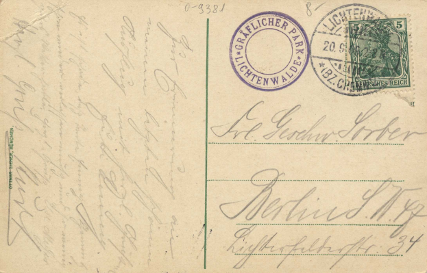 Alte Postkarte mit einer Briefmarke, die "Lichtenwald, Deutschland - Brief nach Deutschland" lautet, mit handschriftlichem Text und zwei zusätzlichen Briefmarken in der oberen rechten Ecke.