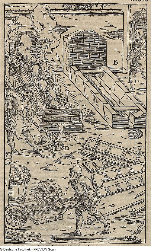 Schwarze und weiße Gravur eines Mannes in einer Fabrik, der eine Schubkarre mit Kohle schiebt, mit Rauch, der aus einem Schornstein aufsteigt, und verstreuten Gegenständen im Hintergrund.