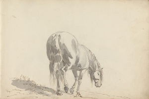 Ein Pferd, das auf einer Wiese grast, dargestellt in einem realistischen Stil von Joseph Mallord William Turner, mit wallender Mähne und Schweif, konzentrierten Augen und Hufen, die auf dem Gras stehen, vor einem üppigen grünen Feld mit entfernten Bäumen.
