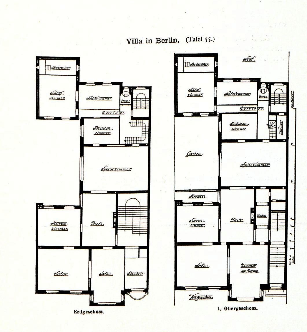 Schwarz-weißer architectural floor plan eines Hauses in Berlin, der die Raumanzahl, Größen, Fenster- und Türpositionen detailliert.