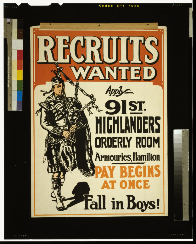 Rekrutenplakat für das 91. Highlander-Regiment mit einer Person in einem Kilt, die eine Dudelsack spielt, und Text mit Rekrutierungsdetails.