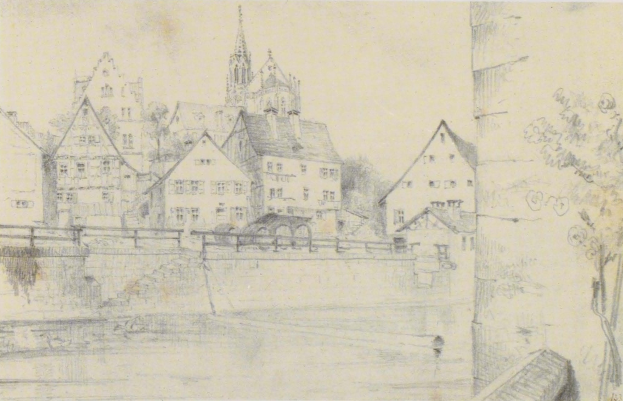 Ein Bleistiftbild mit dem Titel "Nürnberg, Deutschland" von Joseph Mallord William Turner zeigt eine Stadtansicht mit einem Fluss, Gebäuden, Bäumen und einer Brücke.