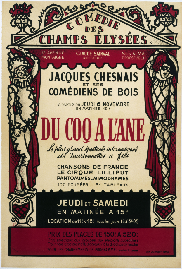 Plakatankündigung für eine Comedy-Show auf den Champs-Élysées in Paris mit Text und Bildern