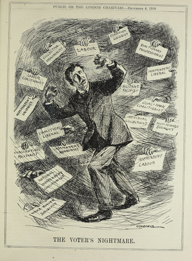 Ein Blatt Papier mit einer Zeichnung eines Mannes in Anzug und Krawatte, der ein Schild hält, auf dem steht "Der Albtraum des Wählers", dargestellt mit entschlossener Miene und selbstbewusster Haltung.