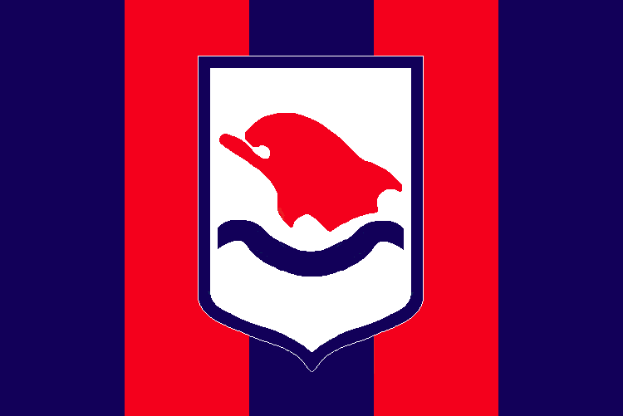 Ein roter und blauer gestreifter Hintergrund mit dem New York Red Bulls-Logo in der Mitte, das einen weißen und roten Vogel zeigt.