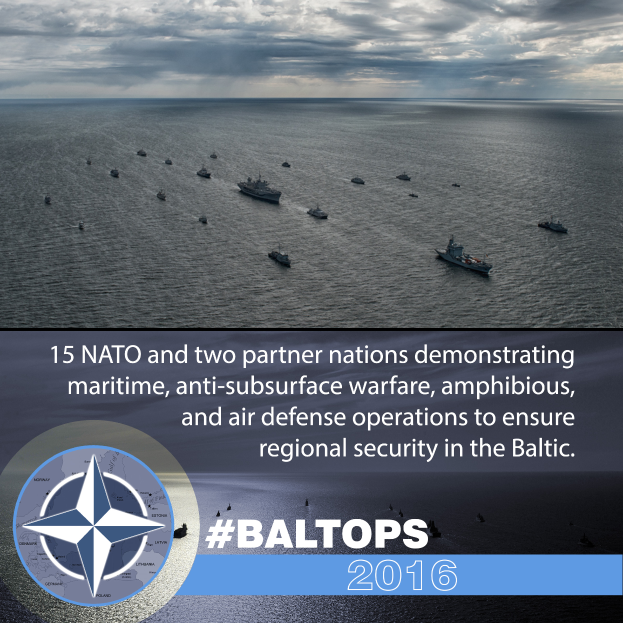 Eine Gruppe von Schiffen auf dem Wasser mit einem bewölkten Himmel im Hintergrund und einem Text unten, der '15 NATO und zwei Partnerländer maritime, anti-unterwasserkriegsführung, amphibische und luftverteidigung Operationen durchführen, um die regionale Sicherheit im Baltikum zu gewährleisten' neben einem Logo angibt.