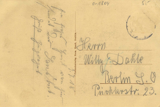 Alte Postkarte mit einer Briefmarke, die von Deutschland nach Deutschland 1804 verschickt wurde und handgeschriebene Texte sowie einen Poststempel oben rechts enthält.