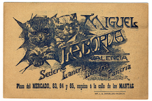 Eine alte Visitenkarte mit einem Bild von zwei Katzen und einem Text, der sie beschreibt.