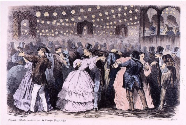 Eine Gruppe von Menschen, die in einem Ballsaal tanzen, mit dem Text 'Madame Baille Nacional en la Campagne Bleuet, 1860' unten.