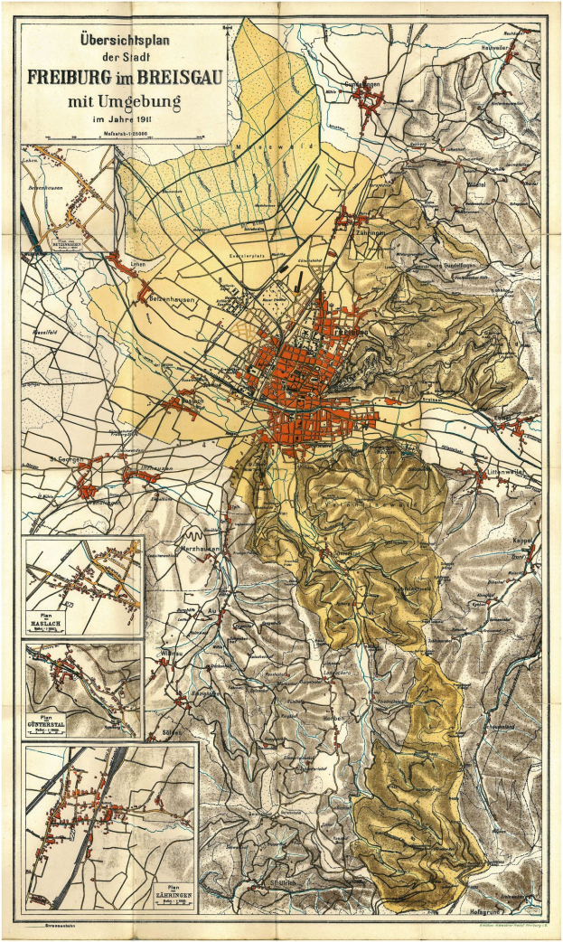 Detailierte alte Karte von Freiburg, Deutschland, zeigt Straßen, Gebäude und Sehenswürdigkeiten mit Text oben und unten auf dem Plakat.
