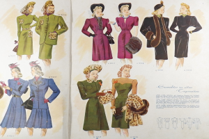 Ein Buchumschlag mit einer Frau in einem 1940er-Kleid und Hut, umgeben von Illustrationen anderer Frauen in ähnlicher Kleidung, mit der Aufschrift "Fashion aus den 1940ern".