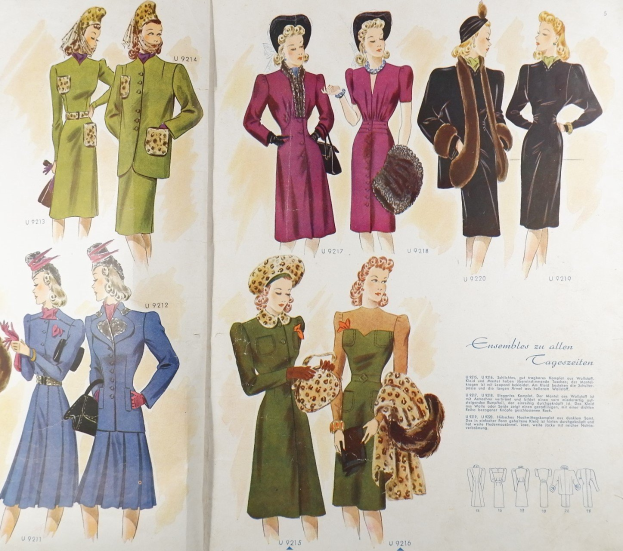 Ein Buchumschlag mit einer Frau in einem 1940er-Kleid und Hut, umgeben von Illustrationen anderer Frauen in ähnlicher Kleidung, mit der Aufschrift "Fashion aus den 1940ern".