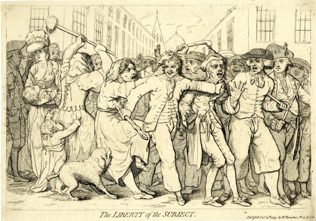 Eine Zeichnung einer Gruppe von bedrängten Menschen und einem Hund, mit dem Text "Die Freiheit des Individuums" unten.