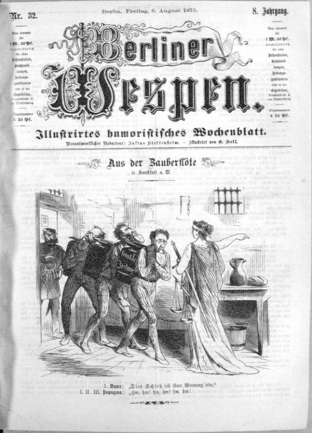 Eine schwarz-weiße Zeitung vom 6. August 1875 mit der Überschrift "Berliner Wespn", die eine Zeichnung einer Gruppe von Menschen in Not zeigt, wobei einige ängstlich nach oben und andere verwirrt nach unten schauen.