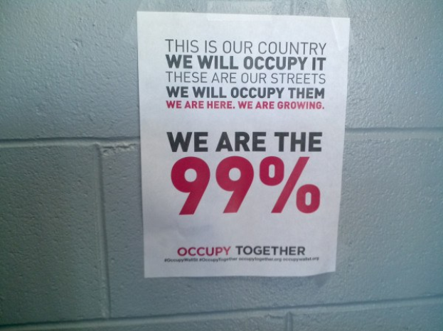 Schwarzes Plakat an einer Wand mit fetter Schrift, die 'Occupy Wall Street' und 'Wir sind die 99%' lautet.
