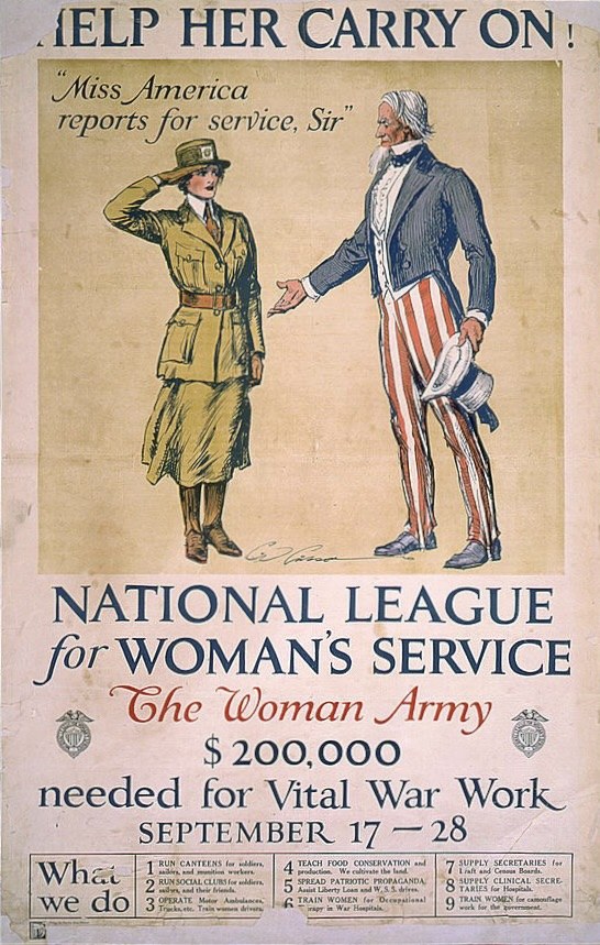 Plakat für die National League für Frauen-Dienst mit zwei Personen nebeneinanderstehend und Text mit Informationen über die Organisation.